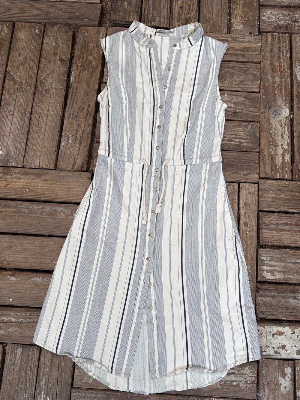 Striped Sleeveless Button-Front Dress with Drawstring Waist - Blue & White